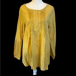 DAYOU mustard long sleeve blouse. Size L. Flowy. Buttons and pleats. Crew neck.
